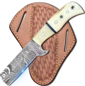 Couteau de chasse en acier Damas sur mesure en gros OEM, lame fixe pleine soie, fourreau en cuir, manche en os, couteau utilitaire - Product Image 1