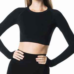 51% Polyamide 38% Polyester 11% Elasthanne Crew Neck Raglan Cut Womens Black Cropped Manches Longues Shirt Hip Hop Crew Neck - Product Image 6