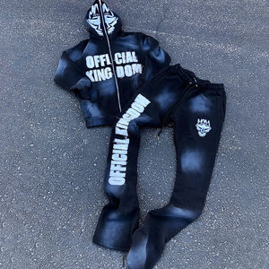 Conjunto de Chándal Bordado Desgastado de Alta Calidad, Chándal Personalizado con Pantalones Acampanados, 100% Algodón, Estilo Urbano Apilado, Traje Deportivo para Hombre - Product Image 1