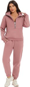 Survêtement en molleton de toile 2 pièces pour femmes Sweat à capuche long à demi-fermeture éclair et pantalon de jogging avec décoration de bouton Haut et bas vierges - Product Image 2