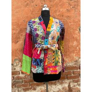 Ajrakh Patch Printed Short Bathrobe Ethnic Wholesale Cotton Short Maxi <b>Kantha</b> Hand Woven Women Coat Winter <b>Jacket</b> Handmade - Product Image 2