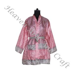 KS002 Bohemian Silk Vintage Sari Kimono Short Robe - Summer Beach Wear Bikini Silk Cover Up-Venta al por mayor Silk Sari Vintage Sari - Product Image 2