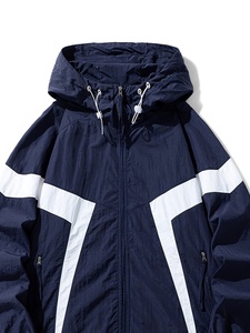 Custom Quality <b>Men</b> Hooded Windbreaker <b>Jacket</b> Navy Blue <b>White</b> Stripe Sporty Style Zipper Closure Loose Fit Autumn Outdoor Wear - Product Image 4