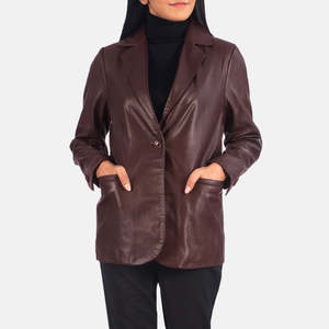 Norma Maroon Leather <b>Blazer</b> with Single Button Closure Knitted and Woven Weaving Embroidery and Print Decoration - Product Image 1