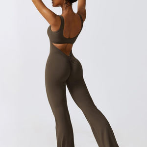 Combinaison de yoga une pièce à dos croisé pour femme, tenue de sport décontractée, pantalon évasé froncé aux fesses, vêtements de gym pour femmes - Product Image 4
