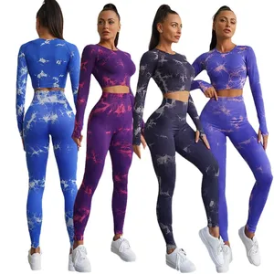 Tie Dye Yoga manga larga Top Legging deportes Fitness trajes 2 piezas conjuntos mujeres trajes gimnasio entrenamiento ropa conjunto para mujeres Yoga conjunto - Product Image 6