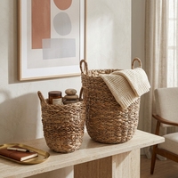 Ensemble de paniers de rangement en jacinthe d'eau naturelle et jonc de mer, cylindriques hauts avec poignée arquée, pour linge, plantes et décoration artistique de la pièce