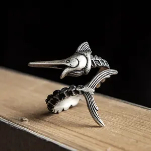 Perak Murni 925 Cincin Marlins Antik untuk Pria Perhiasan Gaya Gotik Hip Hop