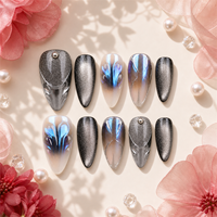 Ongles press-on faits à la main, longs, en forme d'amande, noirs, argentés, bleus, iridescents, effet chrome, papillon, faux ongles pour femmes, 10 pièces