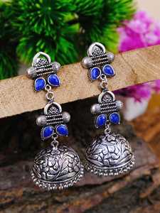 Toucher indien oxydé argent Jhumka boucles d'oreilles pour femmes filles fait à la main pierre rose bijoux de mode ethnique accessoire à la mode - Product Image 2