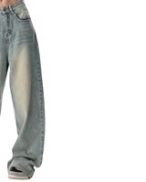 Jean en denim bleu clair taille haute à jambes larges pour femmes, vintage, délavé, coupe ample, streetwear, pantalon baggy, style tendance, vêtements décontractés