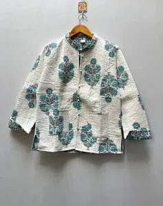 แจ็กเก็ตผ้าฝ้ายผู้หญิงพิมพ์ลายดอกไม้สีฟ้าใส่ได้สองด้านใส่ได้100% ผ้าฝ้ายแขนยาว - Product Image 4