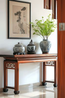 Longue table console en bois pour les accents muraux dans les maisons de luxe, réalisée avec des grains de bois riches et une finition lisse