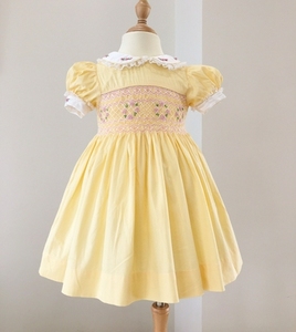 Lindo vestido amarillo para niñas Smocked-Vestido de princesa de línea A bordado personalizado-OEM-ODM - SM12062023 - Product Image 1