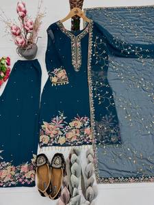 NEW DESIGNER <b>EID</b> SPECIAL PARTY HEAVY EMBROIDERY SEQUENCE WORK TOP PANT DUPATTA PIECE SUIT SET CHINON SILK READY WEAR - Product Image 6