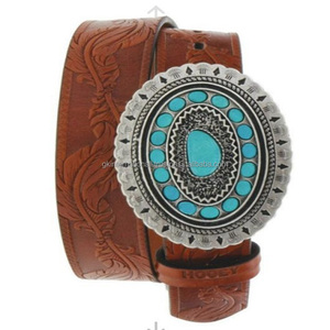 Cinturón de hombre de herramientas de cuero occidental marrón hecho a mano de calidad superior con hebilla de latón de forma ovalada turquesa de diseñador en todos los tamaños - Product Image 5