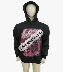 Trending Hoodies Men's Black with White Rose Pink DTG Brush Dots Printed Raw Hem Edge Cut Bottom Big Distressed Acid Washed