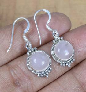 Natural Pink Rose Quartz Cabochon Round 10mm Bezel Setting Baho Vintage Dangle <b>Drop</b> Solid 925 Sterling <b>Silver</b> Handmade <b>Earring</b> - Product Image 5