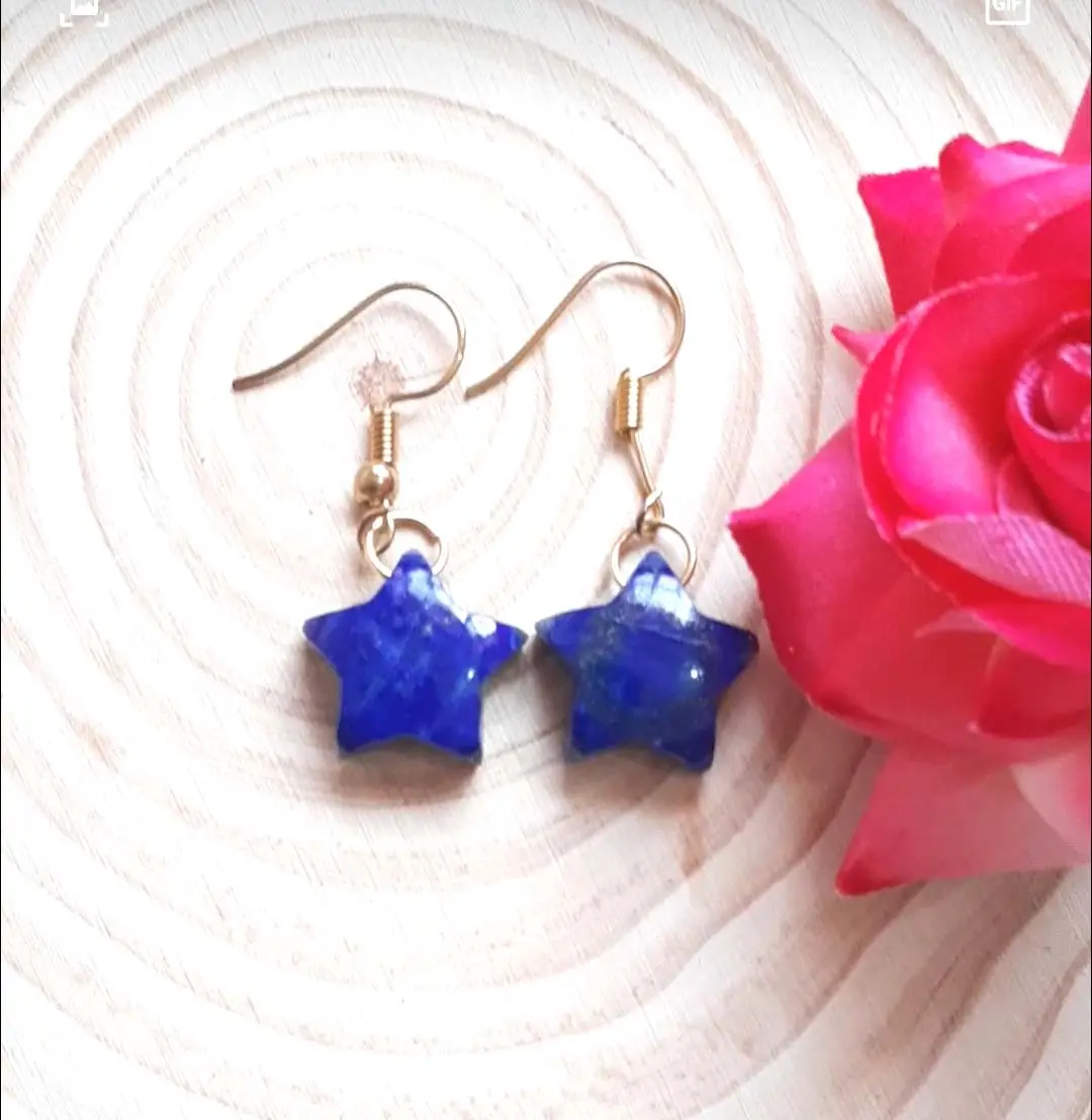 Menina Jóias Star Shaped Lapis Lazuli Gems Dangle Brinco Elegante Girl Wear 925 Prata Banhado A Ouro Brinco Dangle