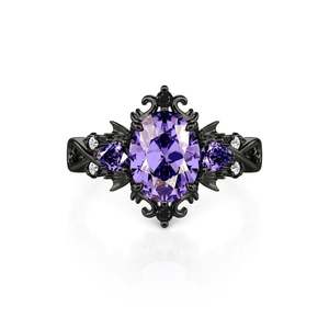 Jeulia Gothic Bat Wing Black Thorn Purple <b>Statement</b> <b>Ring</b>-Open <b>Ring</b> with Natural Gemstone Inlay - Product Image 1