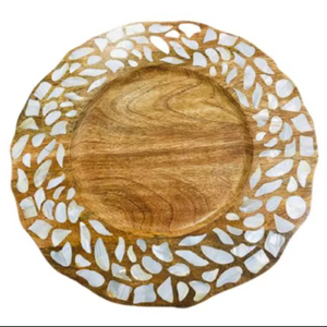 Plato de madera de mango tallado con incrustaciones de nácar, Plato decorativo hecho a mano para decoración de mesa de comedor del hogar y ocasiones especiales - Product Image 1