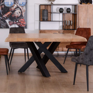 Table de salle à manger de cuisine moderne avec plateau en bois d'acacia massif de style contemporain, bord vif, 40 mm, avec pieds en métal noir de style crypto - Product Image 1