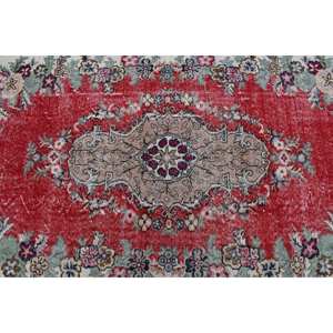 Alfombra clásica de lana roja y beige de 5,7x9 pies, área rectangular turca hecha a mano con patrón abstracto para pasillo con respaldo de látex - Product Image 5