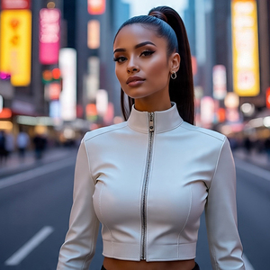 2025 New Plain Crop Style Genuine Leather Bomber <b>Jacket</b> Shearling Collar Women Leather <b>Jacket</b> Good Quality - Product Image 1