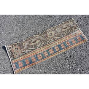 Classique bleu Beige 1.1 X 2.8ft tapis en laine fait main conception de Patchwork turc pour salon chambre Rectangle couloir en peluche Latex - Product Image 2