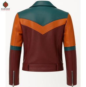 Blouson aviateur en cuir synthétique à blocs de couleur, style rétro décontracté pour l'hiver, couleur sarcelle et bordeaux, fermeture éclair, col mandarin, service OEM - Product Image 2