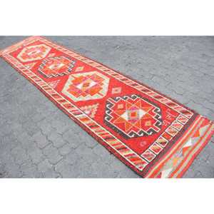 Alfombra Vintage, Alfombra Turca de 2.8x11.6 pies, Alfombra de Lana Abstracta Roja y Naranja - Product Image 2