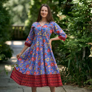 Hand Block Printed Radha Dress Bohemian Calf Length Ikat Floral Casual Occasional Pure Cotton Handmade Ethical Fashion Panelled - Product Image 1