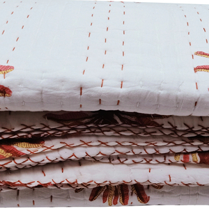 100% Cotton Vintage Kantha <b>Quilt</b> Reversible Floral Bed Cover Queen Size Modern Style Palm Tree Print <b>Throws</b> Blanket Bedding Set - Product Image 1