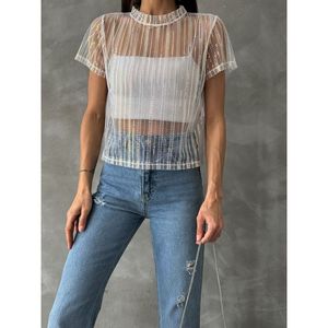Camiseta de Tul con Lentejuelas Topshow para Mujer - Blusa Elegante de Manga Corta con Detalles Brillantes - Product Image 4