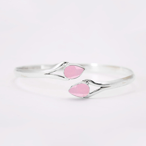 Brazalete de ajuste de bisel de plata de ley 925 unisex, piedra preciosa de pera de Cuarzo Rosa, piedra doble, oro Vermeil, diamante, perla, regalo único - Product Image 1