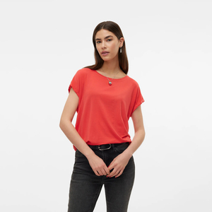 Camiseta de Manga Corta con Cuello Redondo para Mujer, Color Sólido, Corte Regular, Algodón Jersey, Informal, Verano, Transpirable, Ecológica, con Logotipo, Roja - Product Image 1