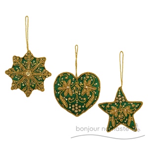 Adorno de estrella de ocho puntos verde de lujo bordado de hilo dorado | Bonjour Namaste decoración navideña ecológica para uso en interiores | - Product Image 2