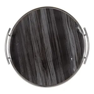 Bandeja decorativa redonda de Kate y Laurel Marbury con asas de metal Bandeja de servicio redonda de metal de mármol gris y plata con asas - Product Image 3