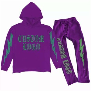 Custom Streetwear Joggers Sweatsuit Fashion Pullover 3D Puff Print Distressed Hem Hoodie Stacked Sweatpants Men Set - Product Image 4