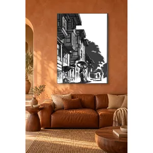 Impression sur toile Fida : Maisons avec baie vitrée noir et blanc et femme avec parapluie - Product Image 3