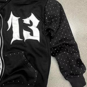 Sweat à capuche zippé noir 100% coton sur mesure avec logo personnalisé strass délavés à l'acide 450 GSM coupe surdimensionnée - Product Image 4