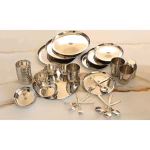 IndianArtVilla Juego de vajilla de acero inoxidable Diseño martillado 36 piezas. Forma ovalada redonda para el hogar y restaurantes-Plata - Product Image 2