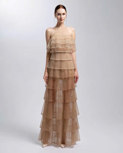 Vestido de Noche Muse, Vestido Maxi de Malla en Capas Color Nude, Diseño Fluido, Romántico y Sensual con Hombros Descubiertos, Hecho en Vietnam - Product Image 1