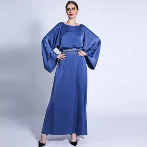 Robe longue en Satin pour femmes musulmanes, 7 couleurs, Kaftan ample, de luxe, de soirée, Abaya, couleur unie avec ceinture en strass, mode Ramadan