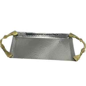 Plateau de service rectangulaire en acier inoxydable martelé avec poignées dorées, qualité supérieure, décoration d'intérieur, plat décoratif - Product Image 1