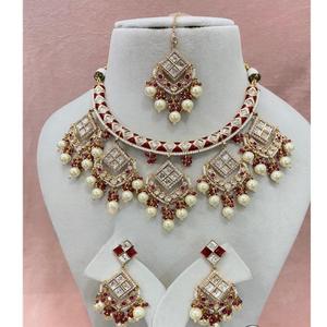 Collier plaqué or de qualité supérieure de créateur serti de boucles d'oreilles et tikka pour le mariage et la cérémonie Collection pour femmes - Product Image 1