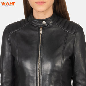 Veste en cuir de vachette véritable pour femmes élégantes Noir Slim Fit Moto Design Zip Respirant WearHit Casual Outerwear Coat Solid - Product Image 3