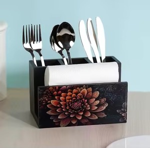Wooden Acacia flatware storage with Handle <b>Kitchen</b> <b>Utensils</b> <b>Holder</b> 4 Compartment for Flatware Napkin Organizer Cutlery <b>Holder</b> - Product Image 3