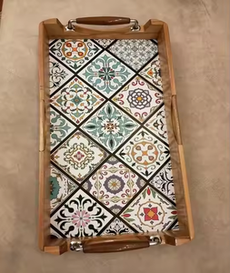 Handmade Modern Chinese Floral Printed Rectangle Wooden <b>Tray</b> Wholesale Decorative Hotel Kitchen Equipment <b>Buffet</b> Food Serving - Product Image 3