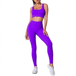 Women Yoga Mid Waist Ankle-Length <b>Pants</b> Crew Neck Sports Bra 2-Piece Lace Solid Color <b>Spandex</b>/Nylon Eco-Friendly Breathable - Product Image 1